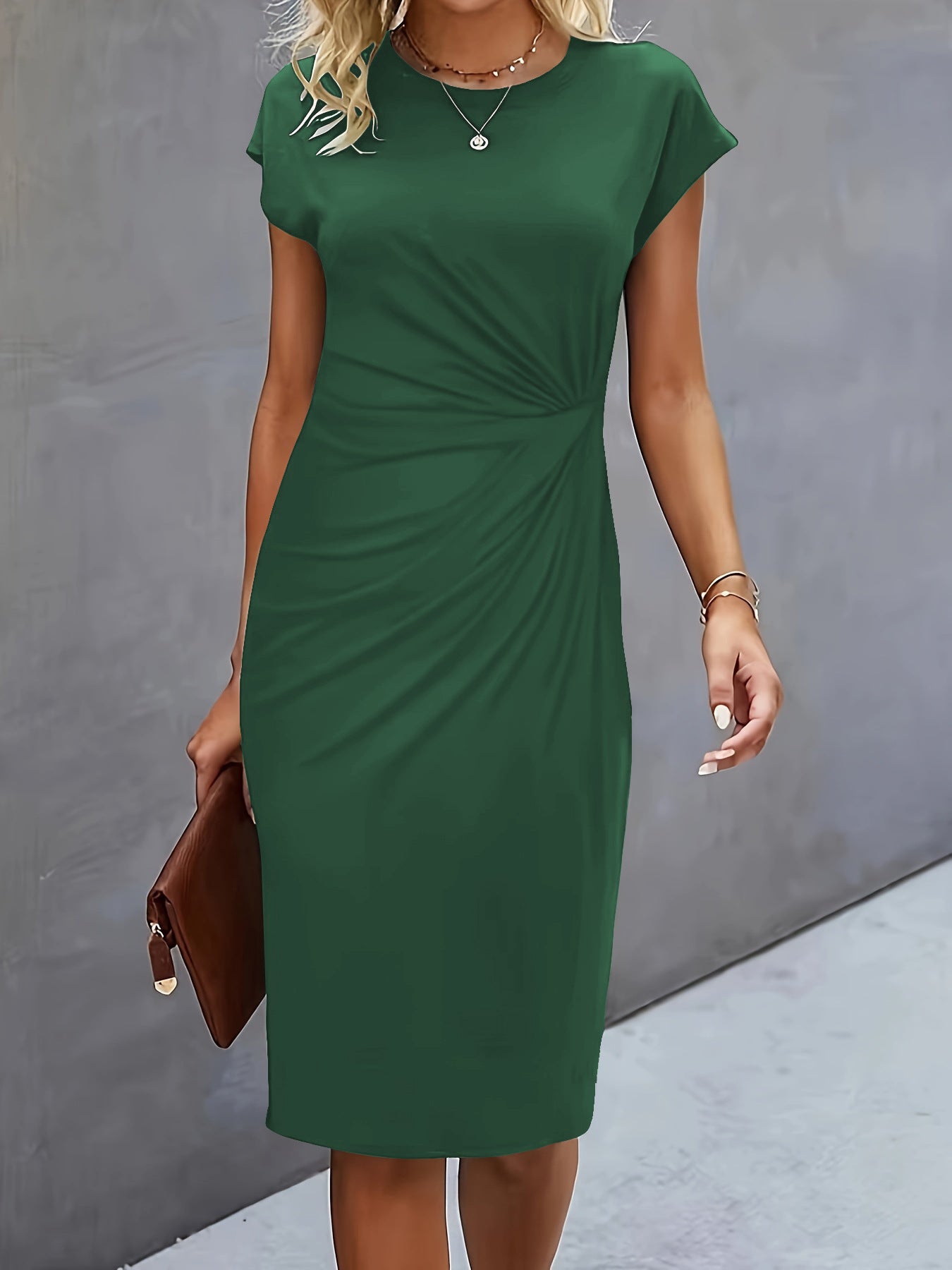 Women's Casual Tight Front Knot Round Neck Mid-length Dress Gronata