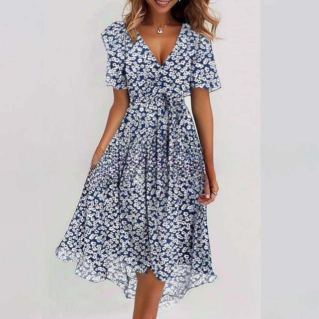 Flowers Printed V-neck Dress Summer A-line Short-sleeved Dresses For Women Gronata