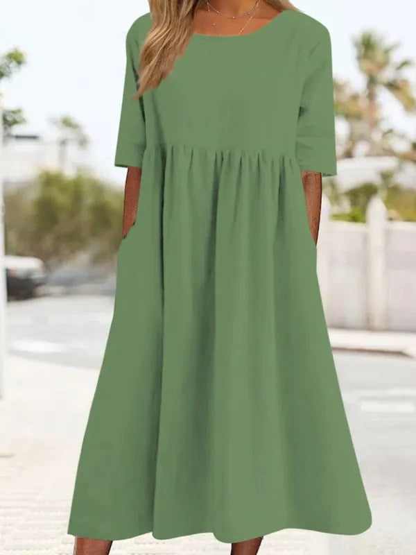 Women's Fashion Casual Cotton Linen Short Sleeve Pocket Dress Gronata