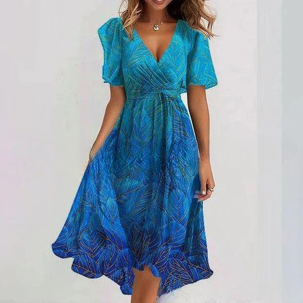 Flowers Printed V-neck Dress Summer A-line Short-sleeved Dresses For Women Gronata