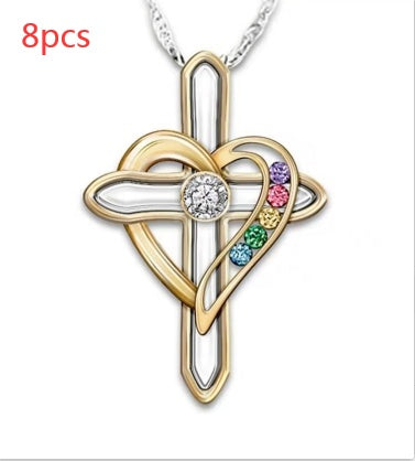 Cross Love Colorful Imitatio Gemstone Pendant Alloy Clavicle Chain Gronata