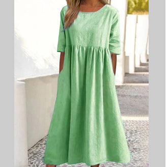 Women's Fashion Casual Cotton Linen Short Sleeve Pocket Dress Gronata