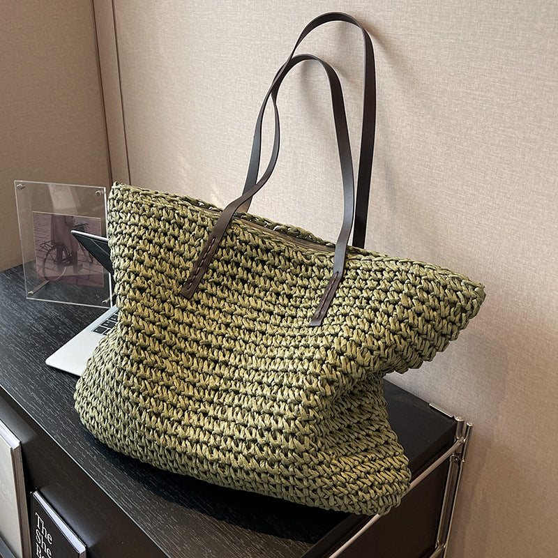 Summer Woven Shoulder Bag Ins Fashion Large Capacity Handbags With Zipper Women's Beach Bags Gronata