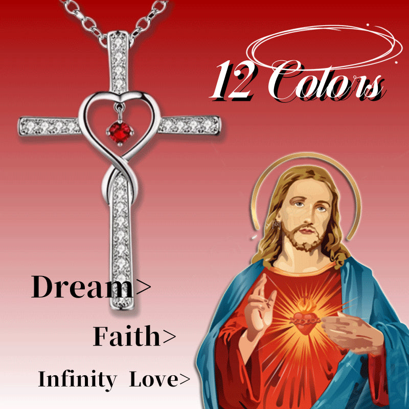 Infinity Love God We Trust Christian Cross Birthstone Crystal Pendant Necklace Colour Gems Zircon Heart Necklace Women Jewelry Gronata