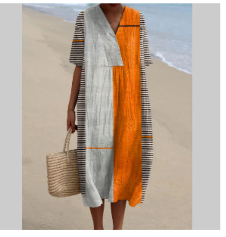 Women's Cotton And Linen Solid Color And V-neck Fashion Style Dress Gronata