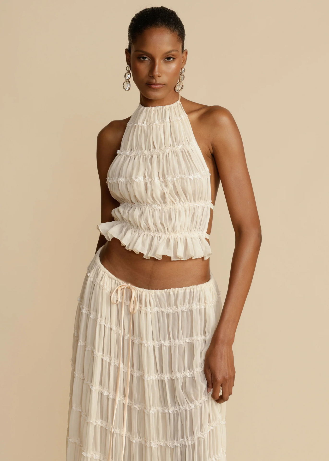 2pcs Women's Dress Suit Sexy Sleeveless Backless Cropped Halter Top And Pleated Long Skirt Beach Clothing Gronata
