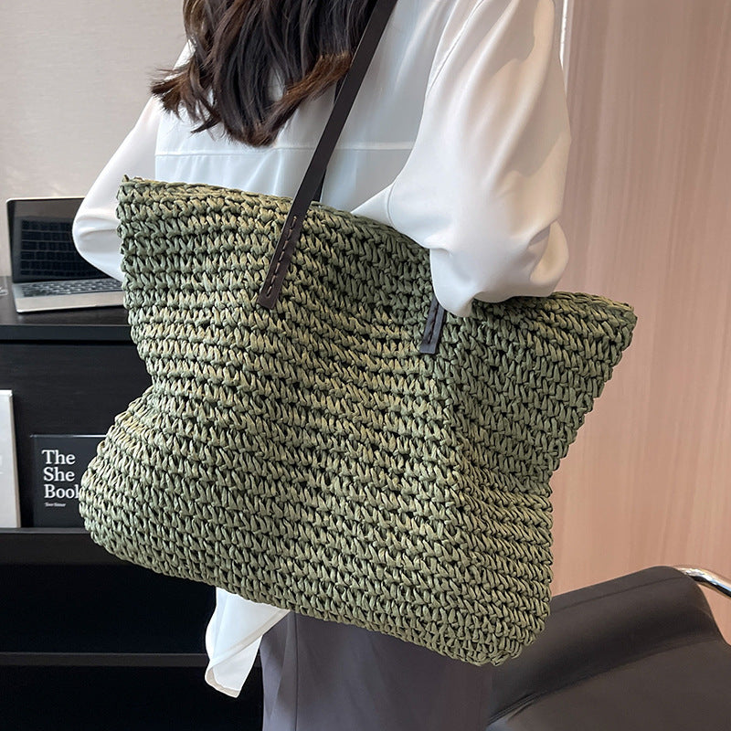 Summer Woven Shoulder Bag Ins Fashion Large Capacity Handbags With Zipper Women's Beach Bags Gronata