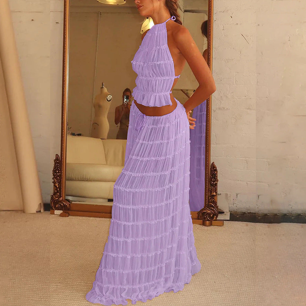 2pcs Women's Dress Suit Sexy Sleeveless Backless Cropped Halter Top And Pleated Long Skirt Beach Clothing Gronata