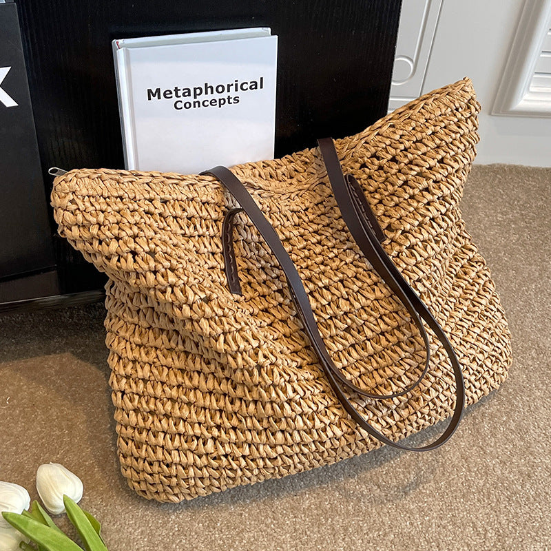 Summer Woven Shoulder Bag Ins Fashion Large Capacity Handbags With Zipper Women's Beach Bags Gronata