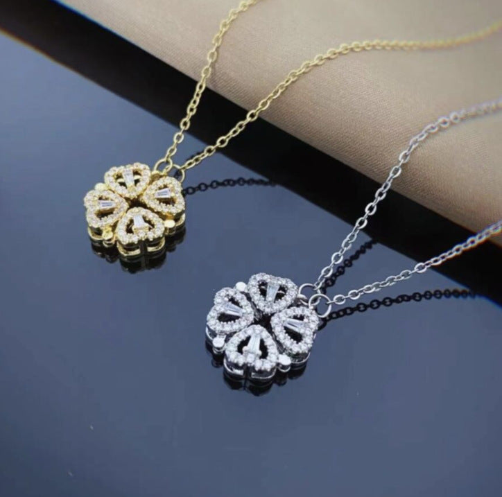 Retro Magnetic Folding Heart Shaped Four Leaf Clover Pendant Necklace Women Love Clavicle Chain Gifts Openable Choker Jewelry Gronata
