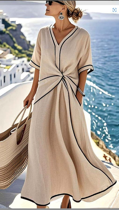 Summer Striped Print Dress Casual Beach Vacation Short-sleeved Maxi Dress Womens Clothing Gronata