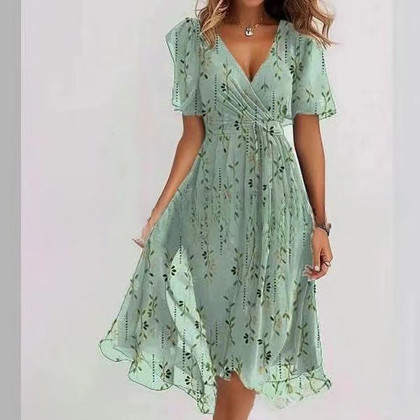 Flowers Printed V-neck Dress Summer A-line Short-sleeved Dresses For Women Gronata