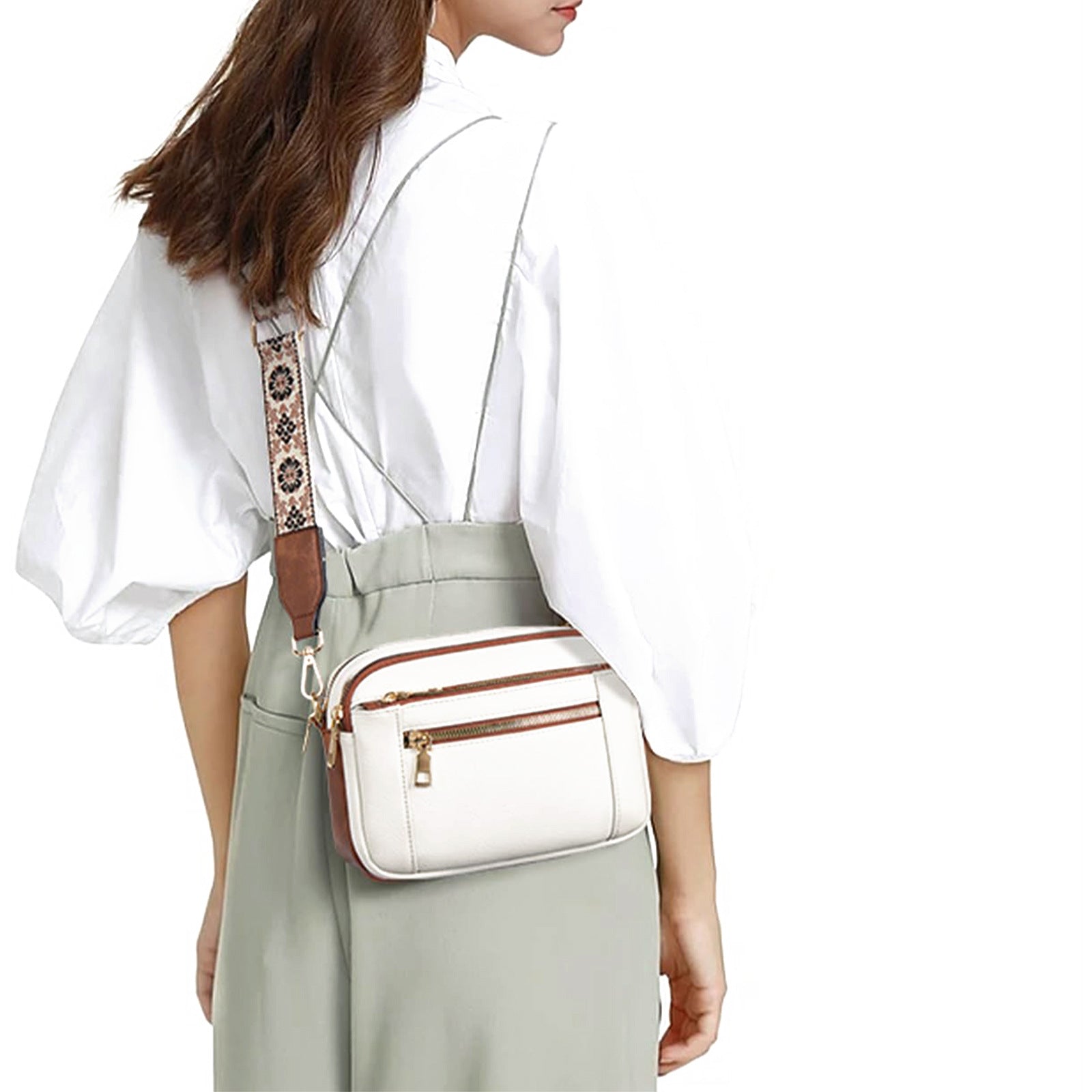 Triple-zipper Shoulder Bag With Floral Embroidered Straps Fashion Colorblock Multi-functional Crossbody Bags For Women Gronata