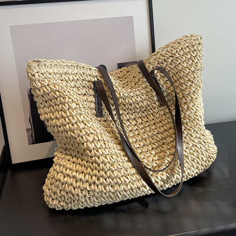 Summer Woven Shoulder Bag Ins Fashion Large Capacity Handbags With Zipper Women's Beach Bags Gronata