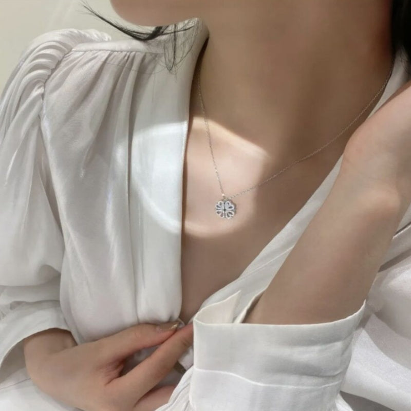Retro Magnetic Folding Heart Shaped Four Leaf Clover Pendant Necklace Women Love Clavicle Chain Gifts Openable Choker Jewelry Gronata