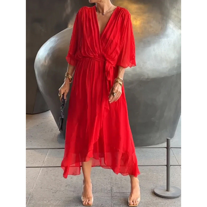 Batwing Sleeve V-neck Dress Summer Pure Color Tied Irregular Long Dresses Womens Clothing Gronata