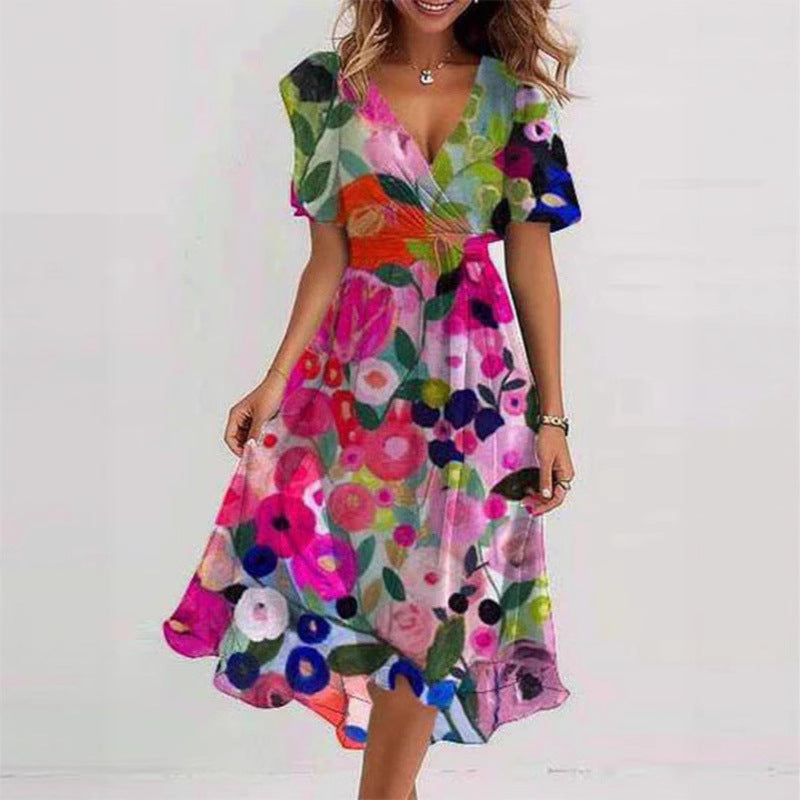 Flowers Printed V-neck Dress Summer A-line Short-sleeved Dresses For Women Gronata