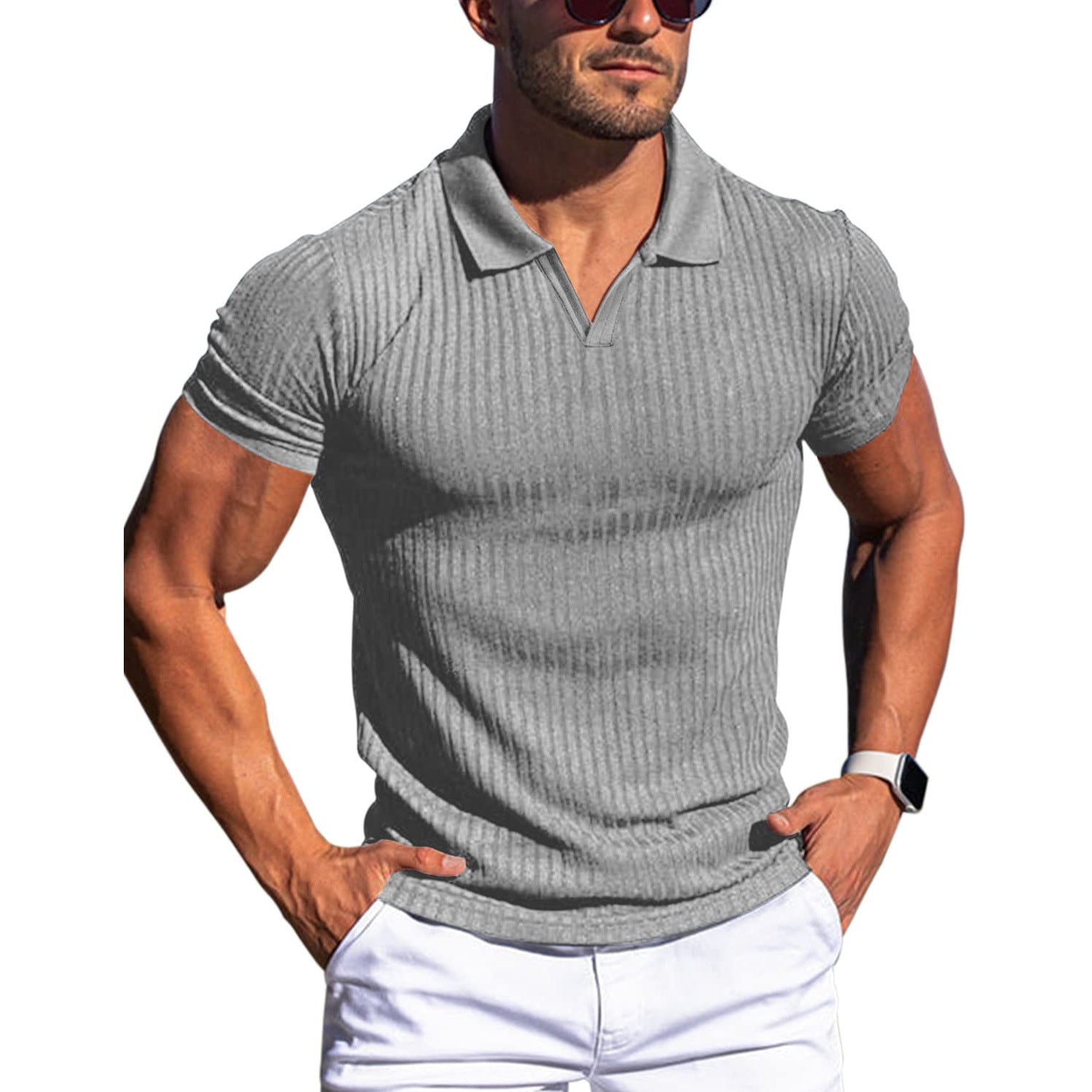 Polo Shirt Lapel V-neck Vertical Striped Short Sleeve Men's T-shirt Gronata