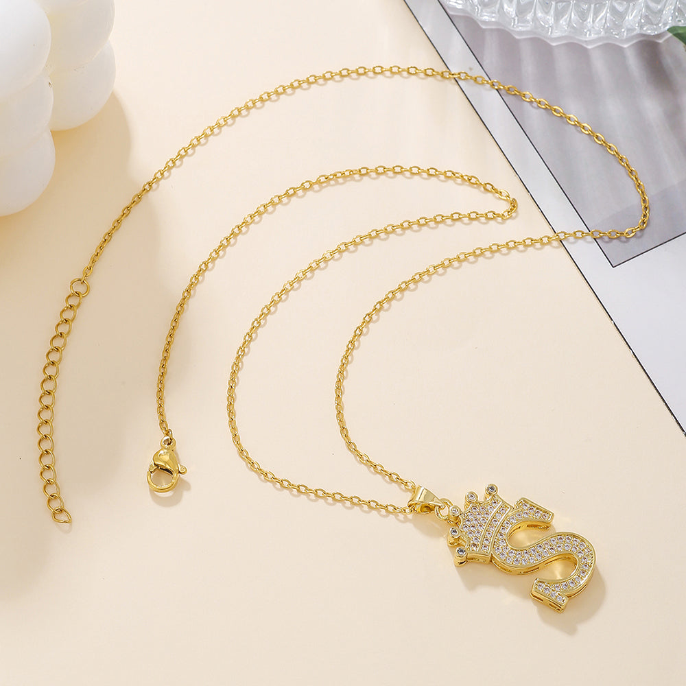 1PCS Fashionable Gold Diamond Crown Uppercase Letter Popular Pendant Necklace Suitable For Daily Use Festivals Parties Gifts Jewelry Set Gronata