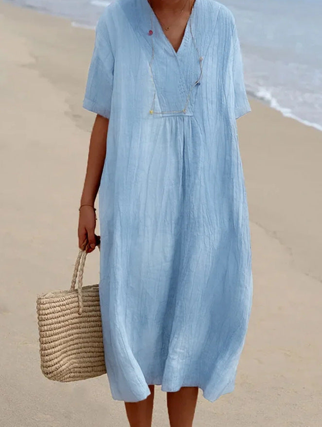 Women's Cotton And Linen Solid Color And V-neck Fashion Style Dress Gronata