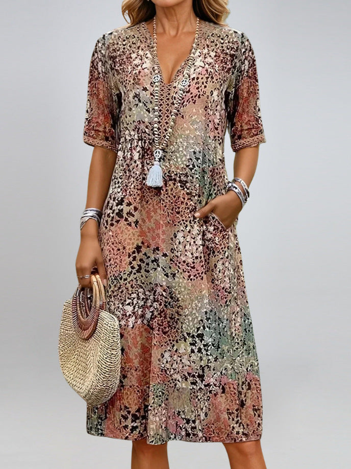 Summer V-neck Half-sleeved Dress With Pockets Fashion Ethnic Print Dresses Beach Holiday Clothing For Women Gronata