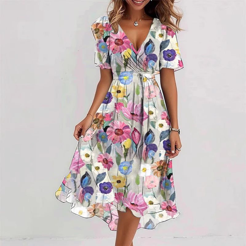 Flowers Printed V-neck Dress Summer A-line Short-sleeved Dresses For Women Gronata
