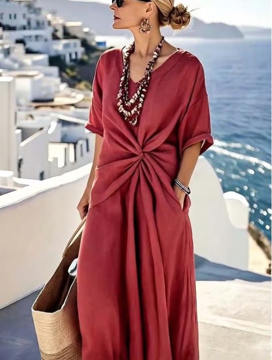 Summer Striped Print Dress Casual Beach Vacation Short-sleeved Maxi Dress Womens Clothing Gronata