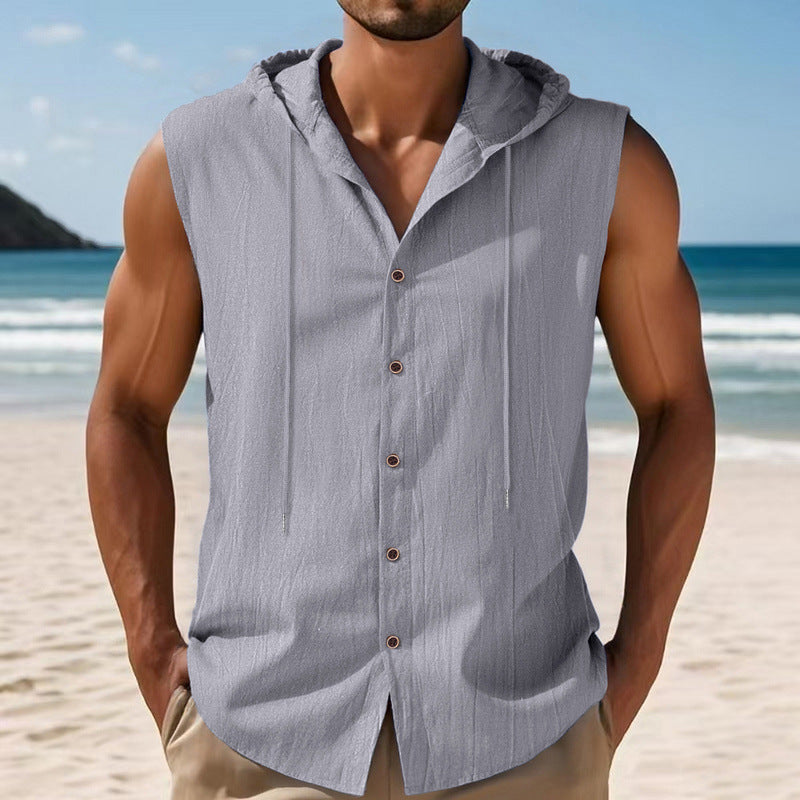 Mens Sleeveless Linen Hooded Shirt Gronata