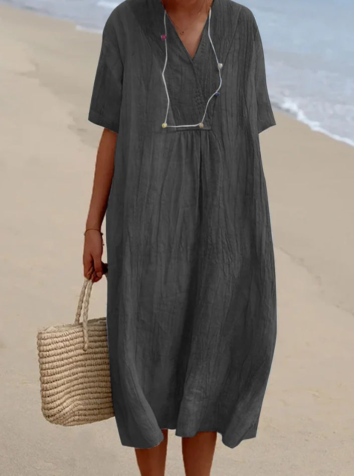 Women's Cotton And Linen Solid Color And V-neck Fashion Style Dress Gronata