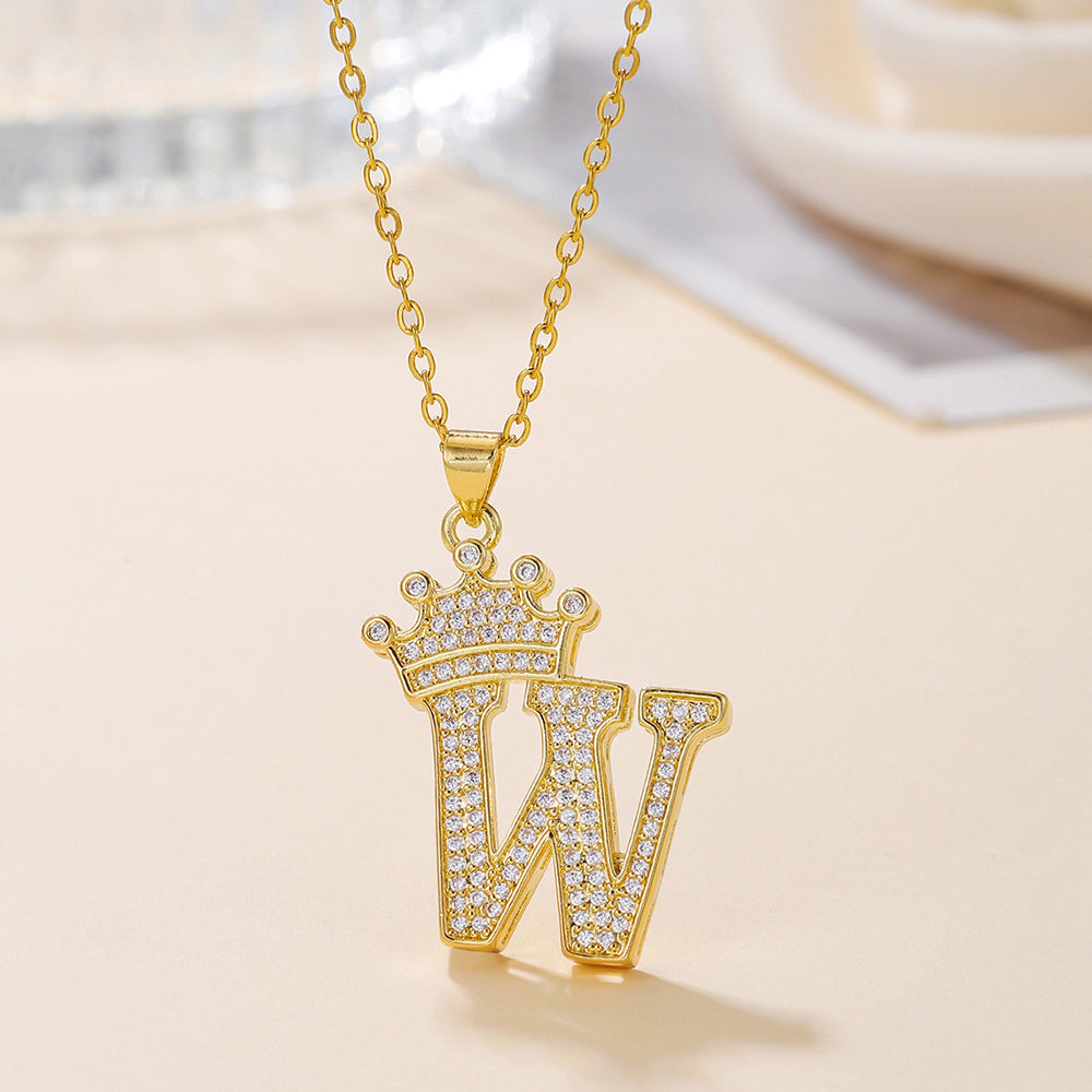 1PCS Fashionable Gold Diamond Crown Uppercase Letter Popular Pendant Necklace Suitable For Daily Use Festivals Parties Gifts Jewelry Set Gronata