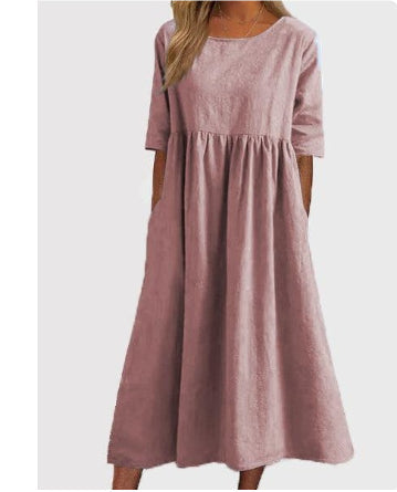 Women's Fashion Casual Cotton Linen Short Sleeve Pocket Dress Gronata