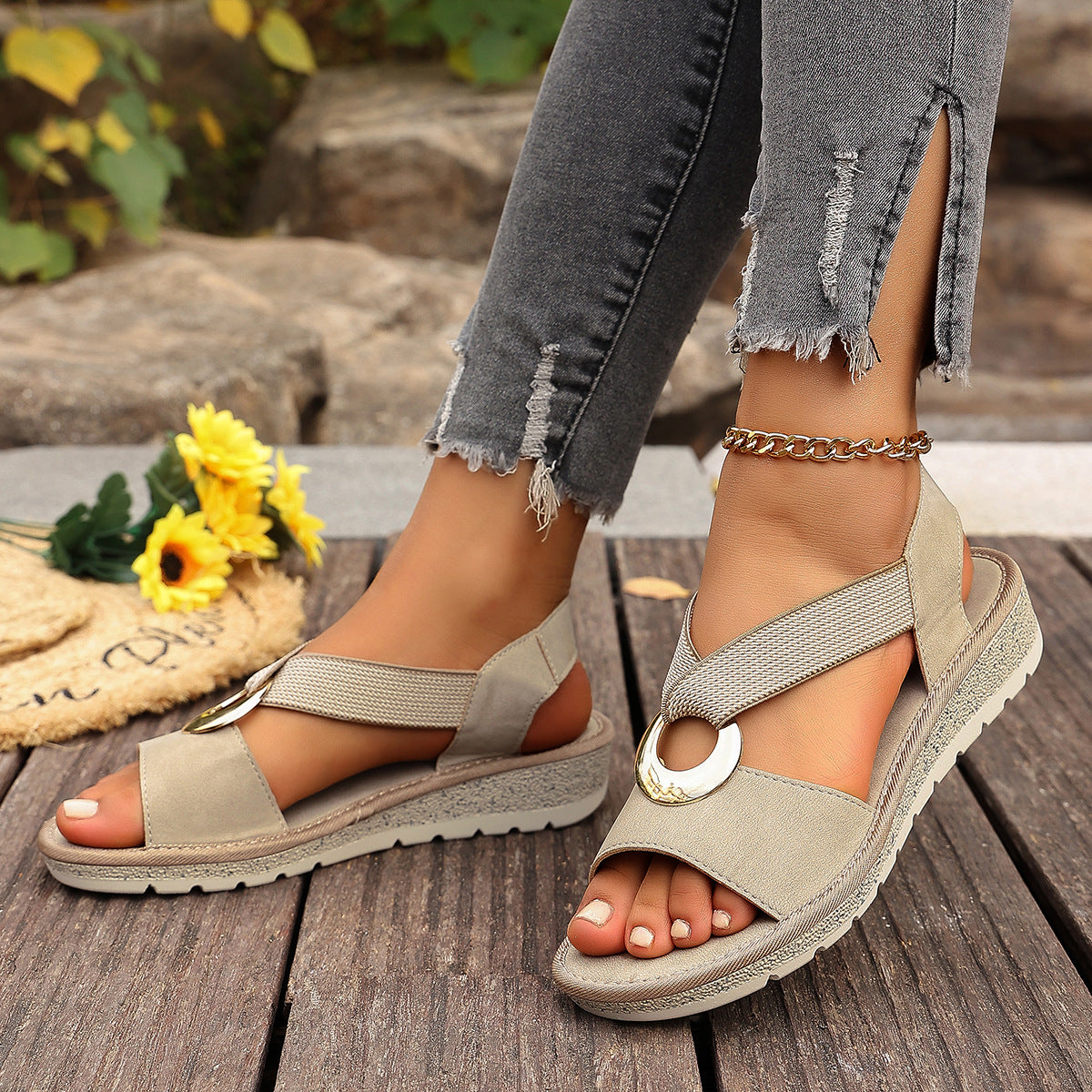 Plus-size Fish-mouth Wedge Sandals With A Jute Sole And Elastic Strap Gronata