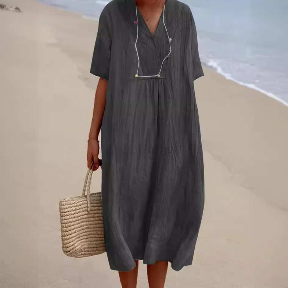 Women's Cotton And Linen Solid Color And V-neck Fashion Style Dress Gronata