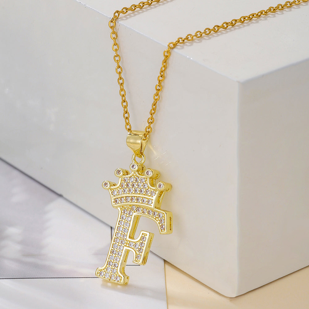 1PCS Fashionable Gold Diamond Crown Uppercase Letter Popular Pendant Necklace Suitable For Daily Use Festivals Parties Gifts Jewelry Set Gronata