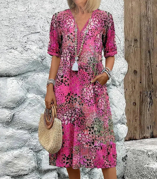Summer V-neck Half-sleeved Dress With Pockets Fashion Ethnic Print Dresses Beach Holiday Clothing For Women Gronata