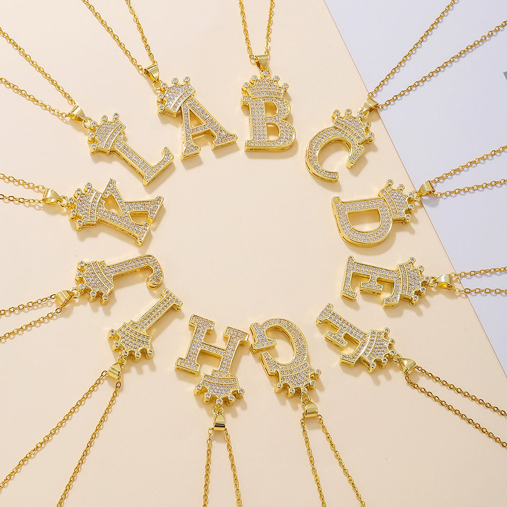 1PCS Fashionable Gold Diamond Crown Uppercase Letter Popular Pendant Necklace Suitable For Daily Use Festivals Parties Gifts Jewelry Set Gronata