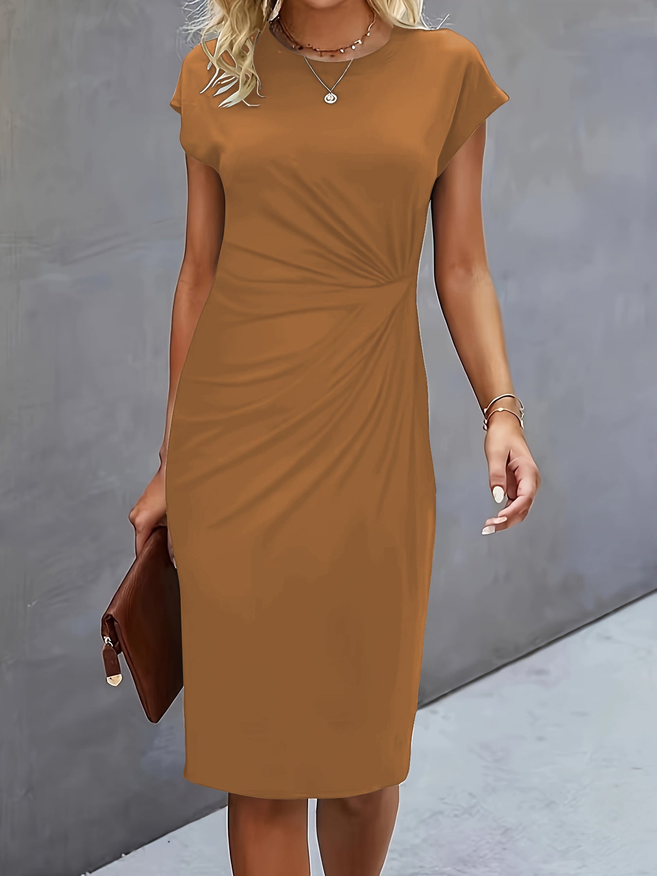 Women's Casual Tight Front Knot Round Neck Mid-length Dress Gronata