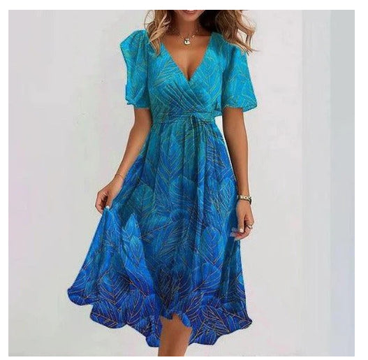 Chiffon Printed Short Sleeve Dress Summer Elegant V-neck Dresses Womens Clothing Gronata
