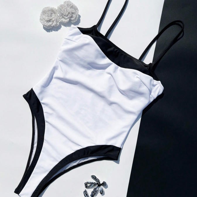 New Black-and-white Color-block Chanel-style One-piece Swimsuit Gronata