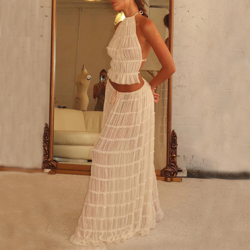 2pcs Women's Dress Suit Sexy Sleeveless Backless Cropped Halter Top And Pleated Long Skirt Beach Clothing Gronata