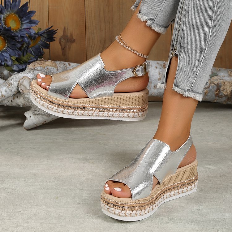 Summer Shiny Sandals Hollow Design Fish Mouth Sandal For Women Fashion Buckle Wedges Shoes Gronata