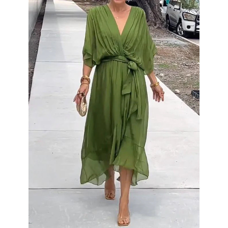 Batwing Sleeve V-neck Dress Summer Pure Color Tied Irregular Long Dresses Womens Clothing Gronata