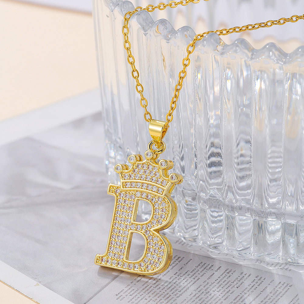 1PCS Fashionable Gold Diamond Crown Uppercase Letter Popular Pendant Necklace Suitable For Daily Use Festivals Parties Gifts Jewelry Set Gronata