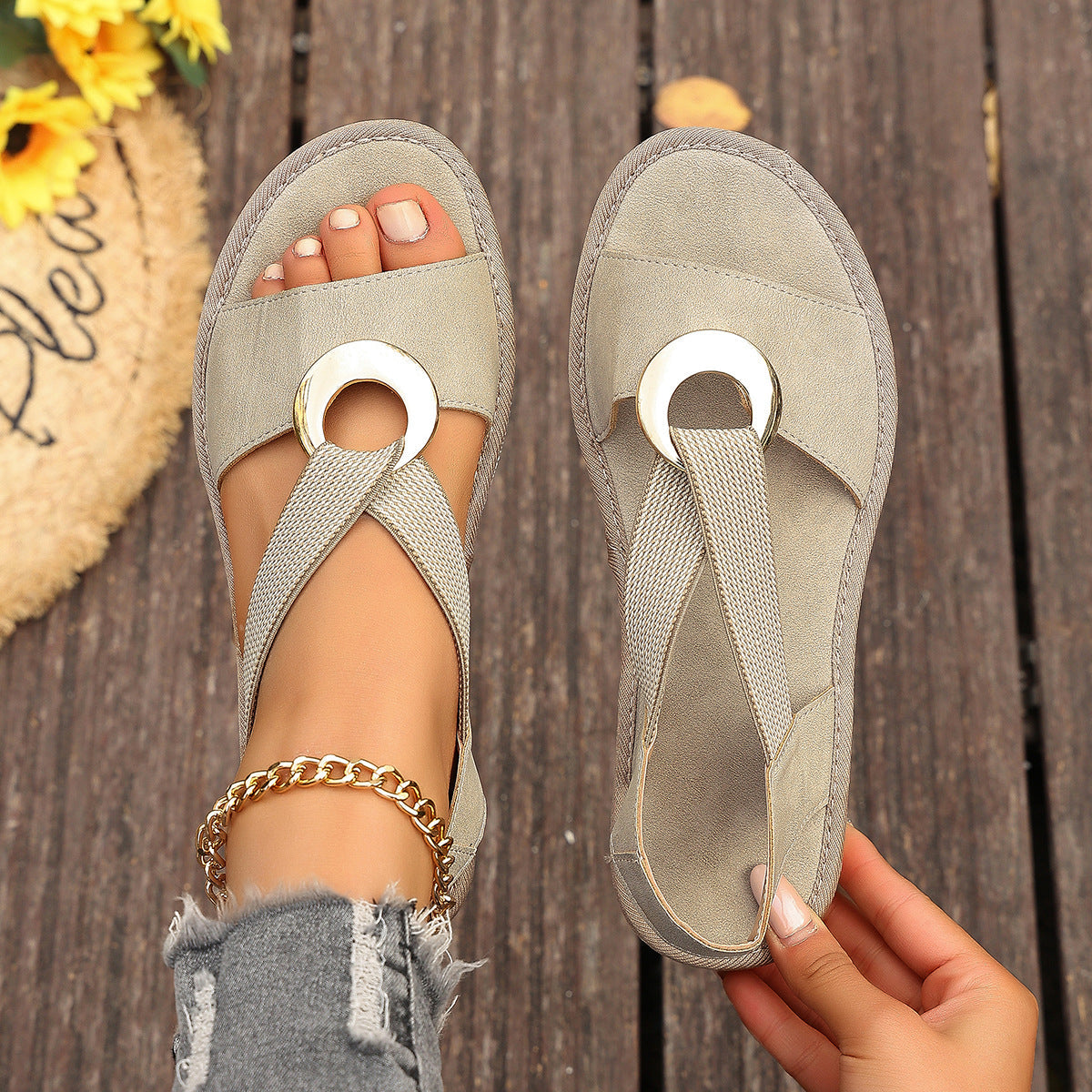 Plus-size Fish-mouth Wedge Sandals With A Jute Sole And Elastic Strap Gronata