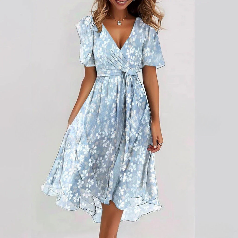 Flowers Printed V-neck Dress Summer A-line Short-sleeved Dresses For Women Gronata