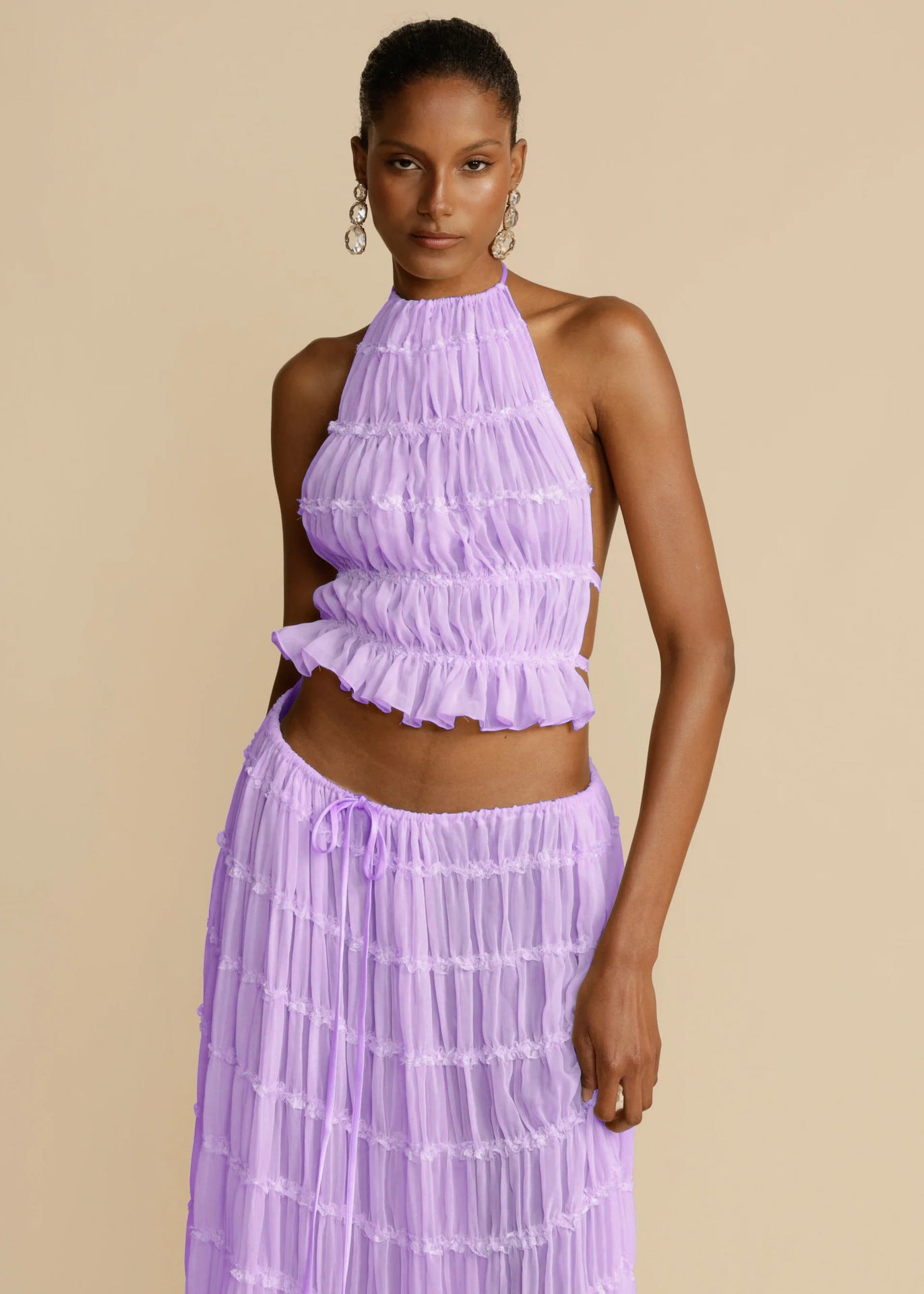 2pcs Women's Dress Suit Sexy Sleeveless Backless Cropped Halter Top And Pleated Long Skirt Beach Clothing Gronata