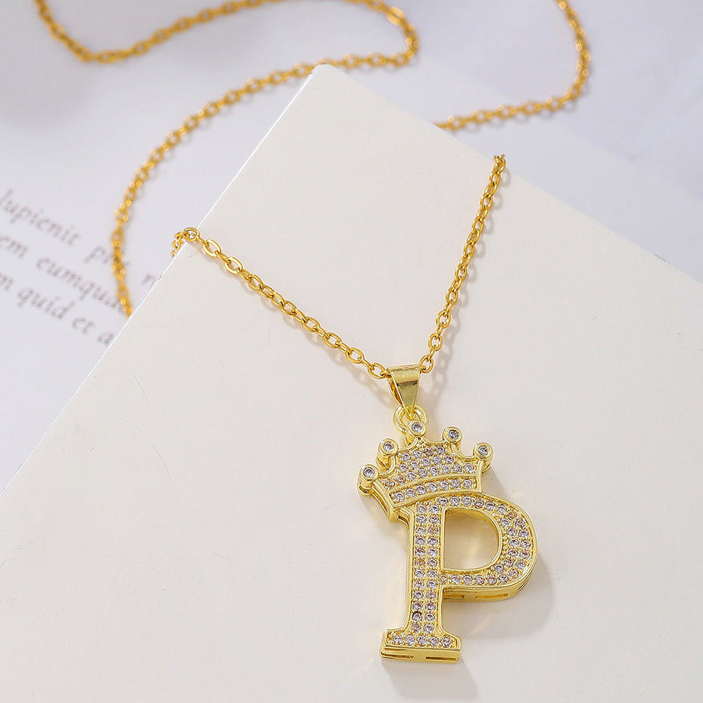 1PCS Fashionable Gold Diamond Crown Uppercase Letter Popular Pendant Necklace Suitable For Daily Use Festivals Parties Gifts Jewelry Set Gronata