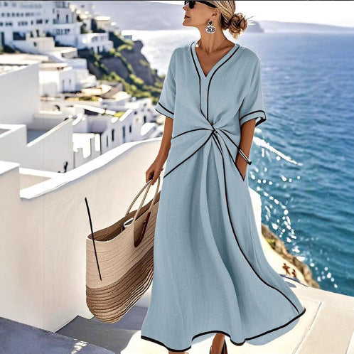 Summer Striped Print Dress Casual Beach Vacation Short-sleeved Maxi Dress Womens Clothing Gronata