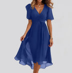 Chiffon Printed Short Sleeve Dress Summer Elegant V-neck Dresses Womens Clothing Gronata