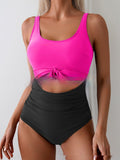 One-piece Female Stitching Contrast Color Strap Covered Belly Swimsuit Gronata